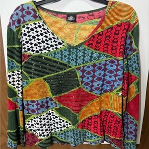 Colorful Miss Nikky Euro Y2K Patterned V-Neck Top